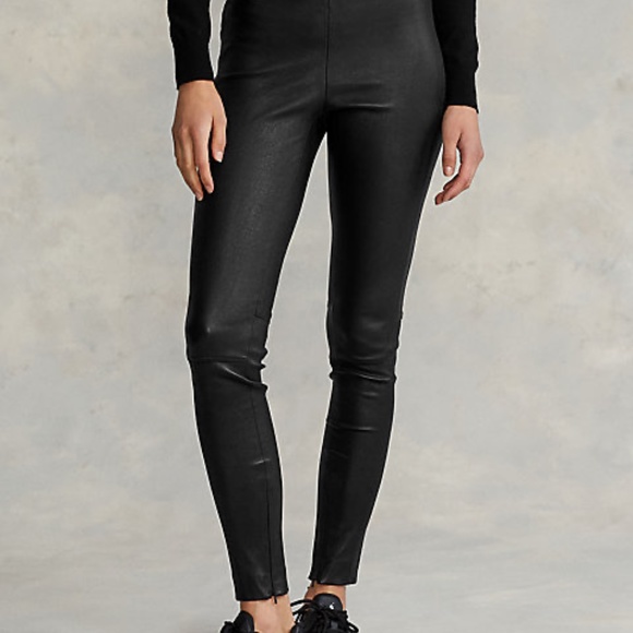 Polo Ralph Lauren Stretch Lamb Leather Black Skinny Pull On Pants NWT - Picture 4 of 9